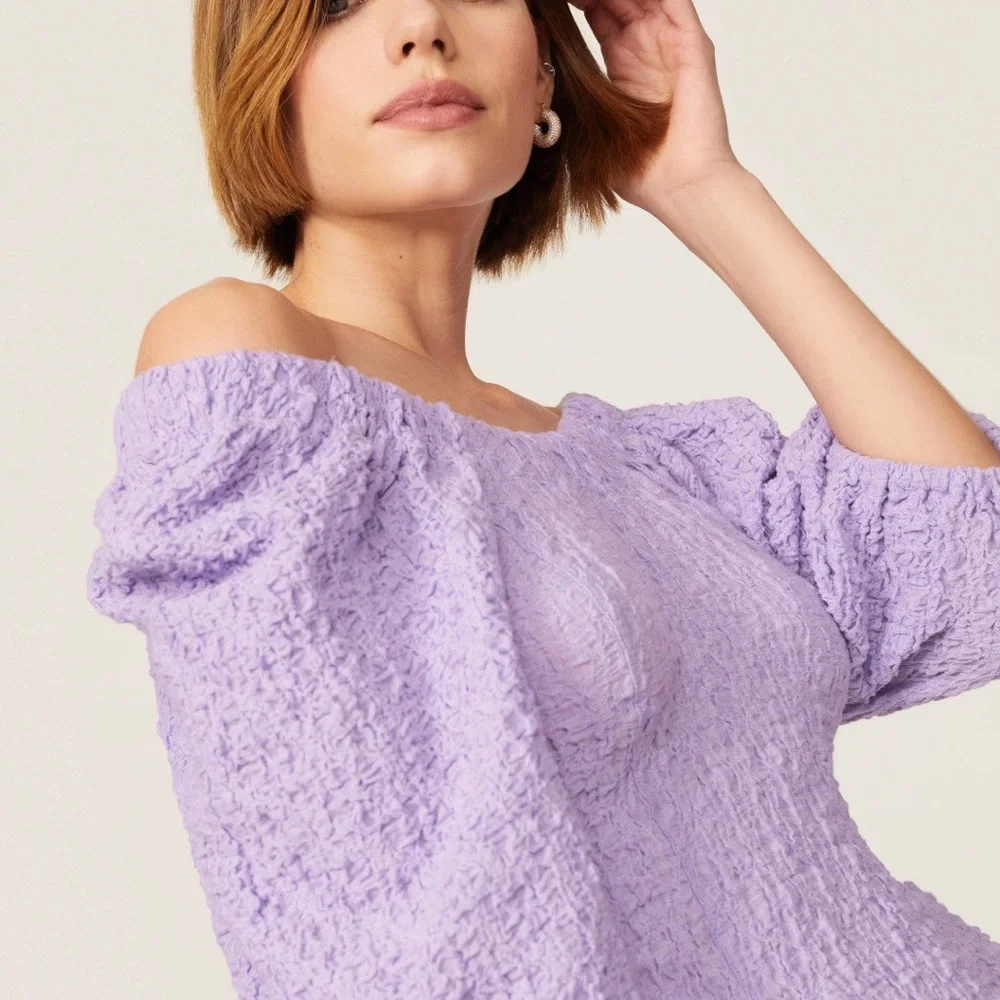 Stine Goya Garance Dress Midi Textured Lavender XS off shoulder bump vacation